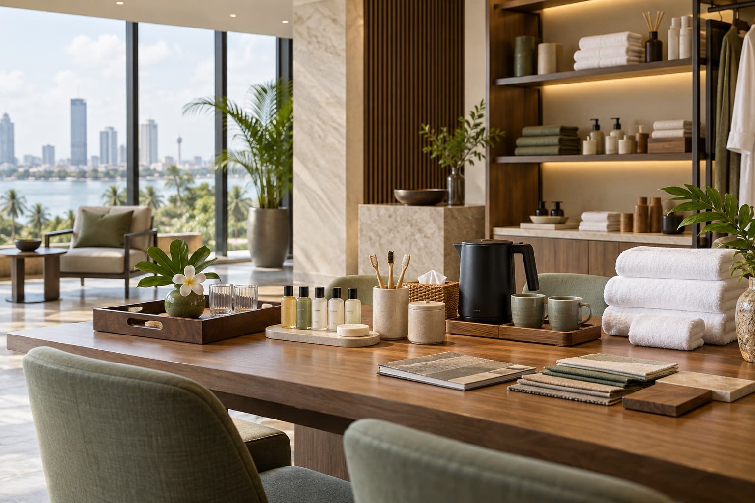 Curated hotel amenities and room products in a Colombo showroom