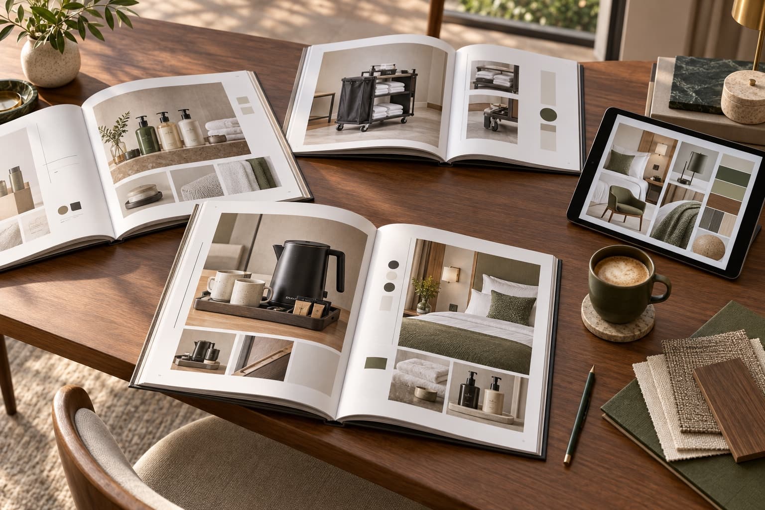 Hospitality catalogues and specification material on a procurement desk