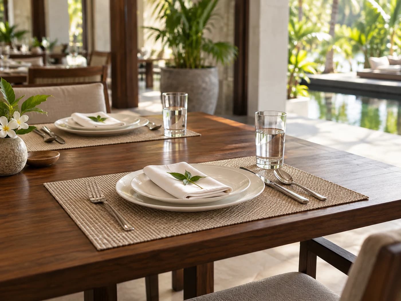A carefully set dining table in a tropical hotel restaurant