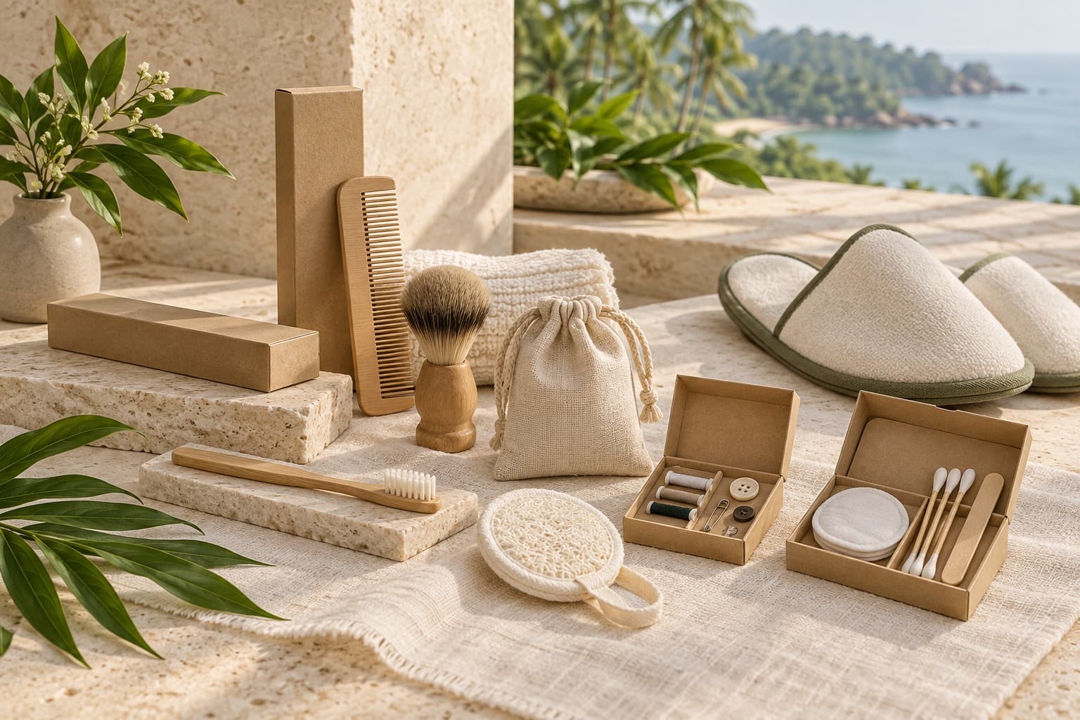 Eco-conscious dry guest amenities arranged for a luxury hotel