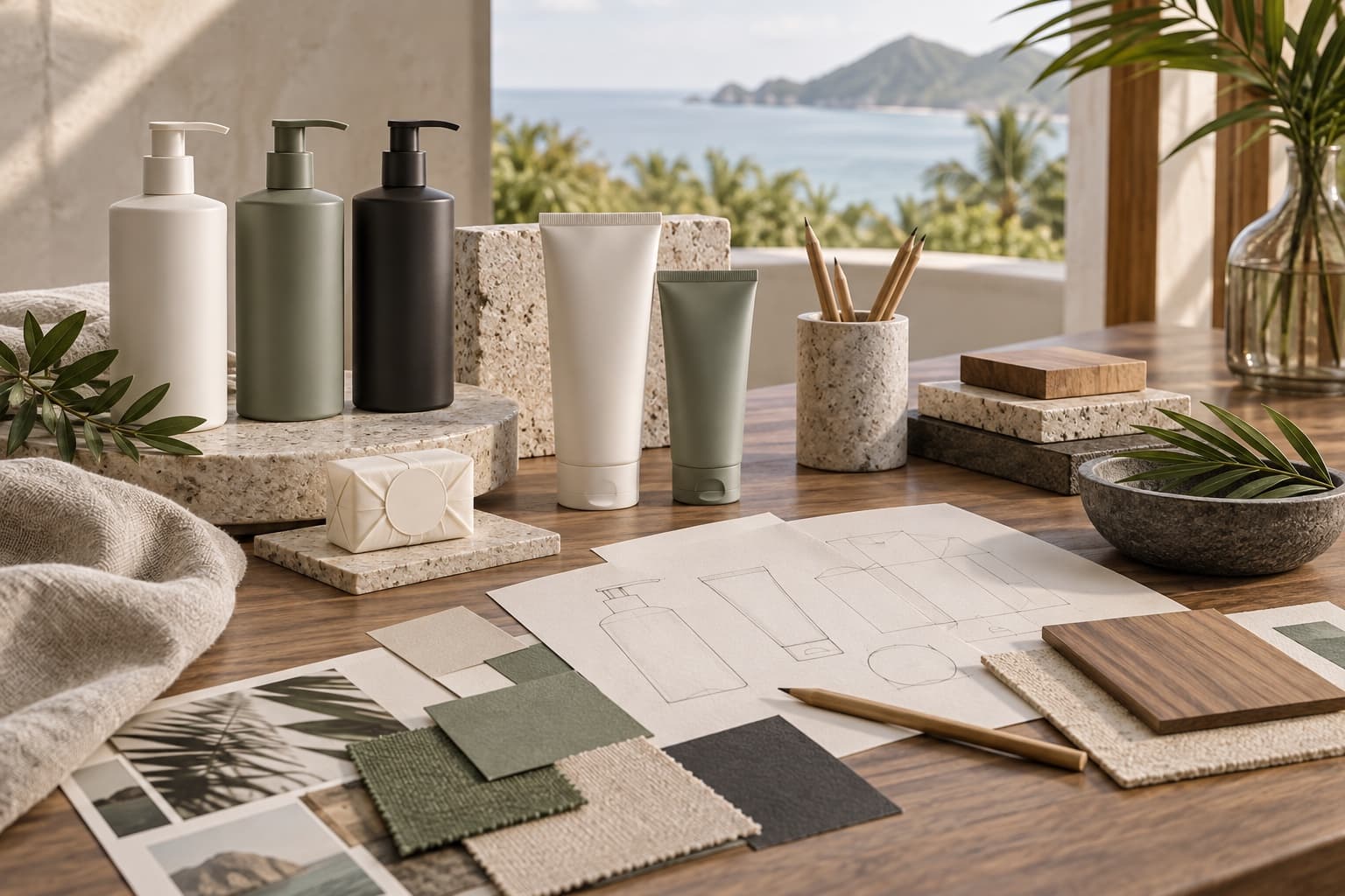Unbranded hotel amenity packaging and material samples in development