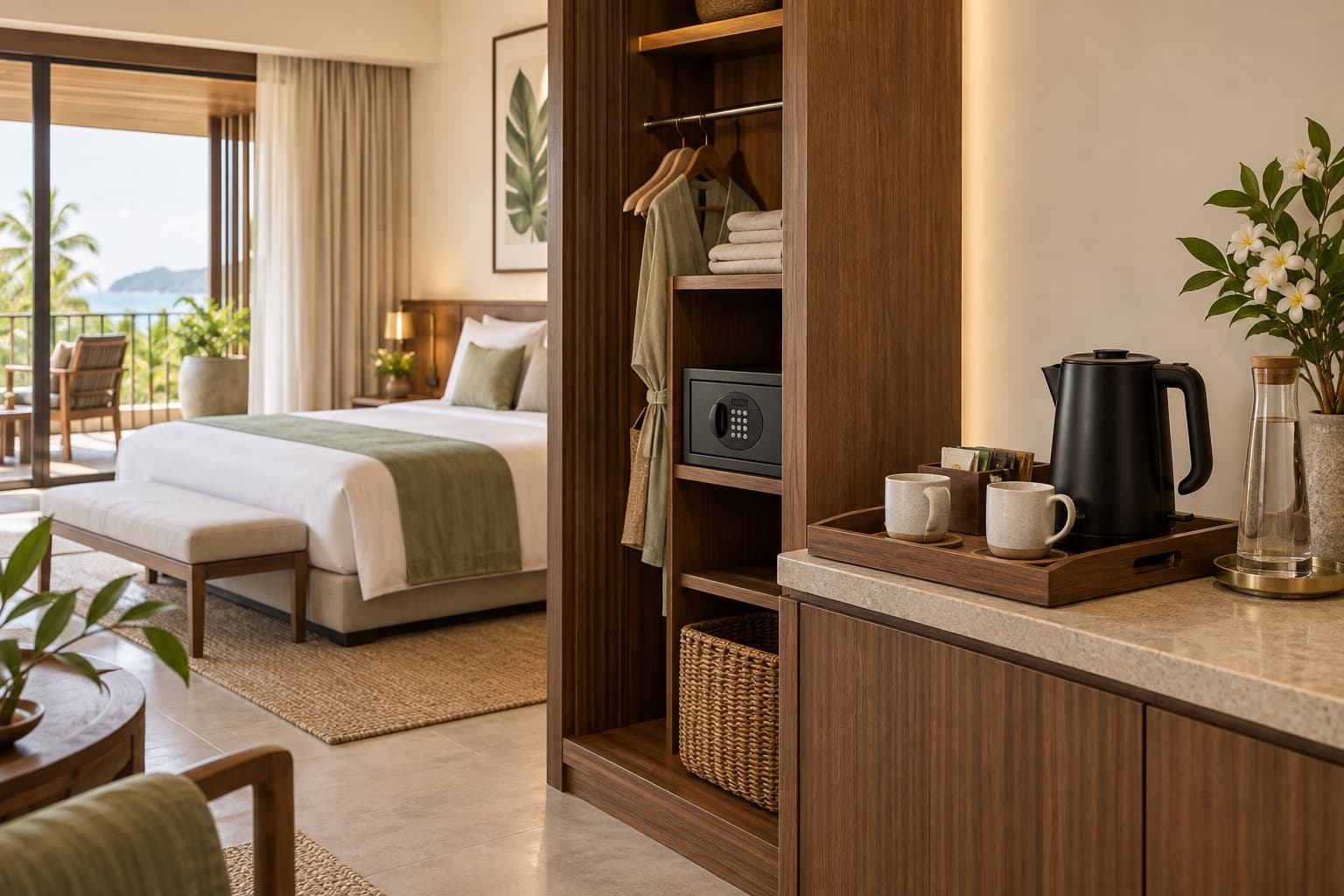 Guest-room kettle, hospitality tray, and safe in a luxury hotel room